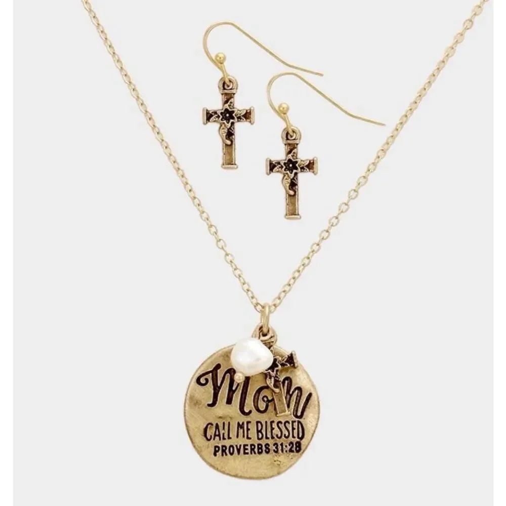 New Womens Boutique Mom Call Me Blessed Proverbs 31:28 Necklace Earrings Set
